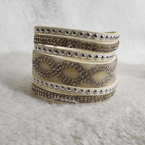 White/Silver Studded Crystal Leather Cuff - Picture 4 of 7